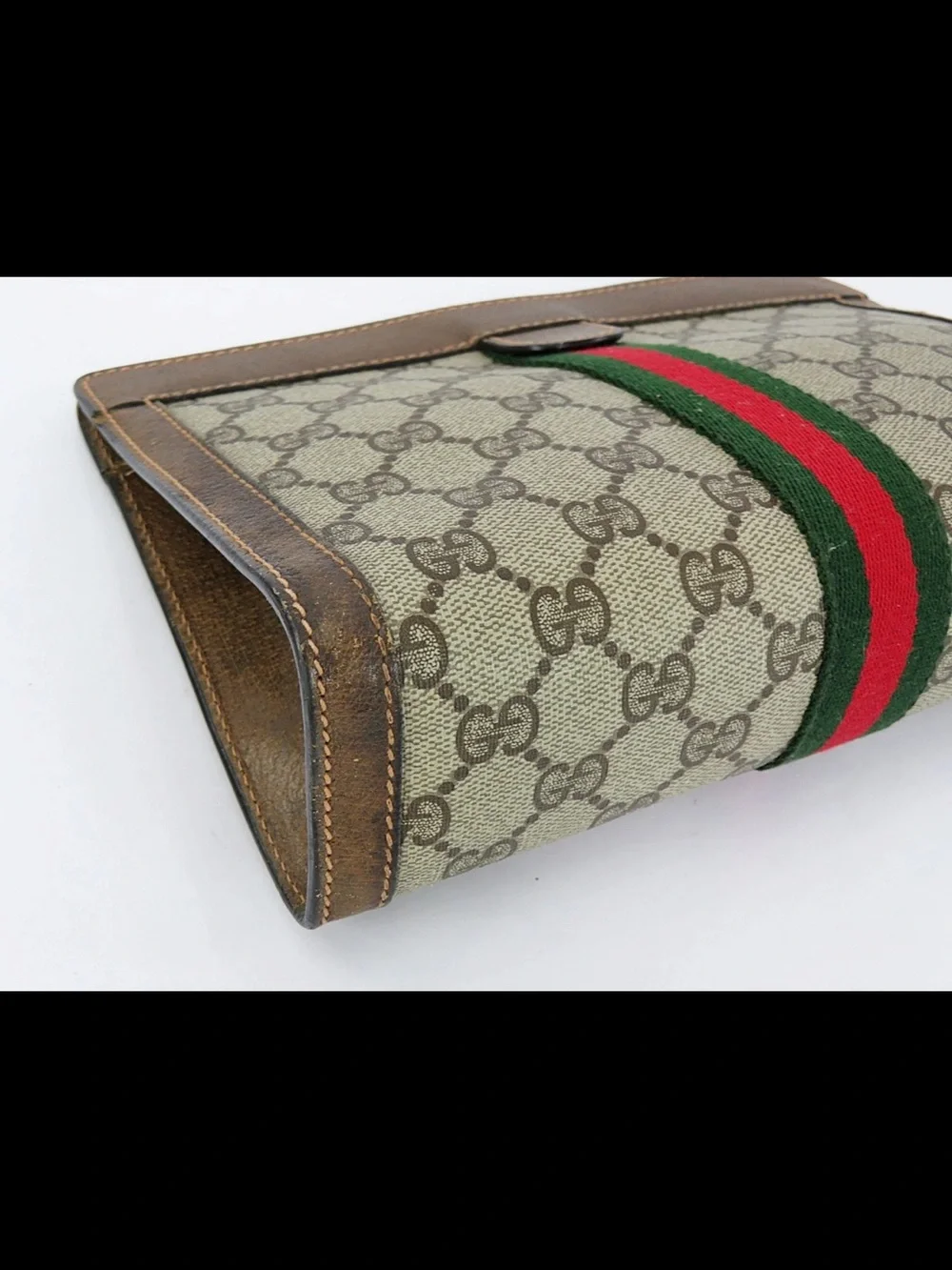 Gucci Beige GG Canvas Clutch with Green & Red Web Stripe